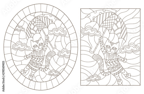 Set contour illustrations of stained glass with funny cats, dark contour on white background