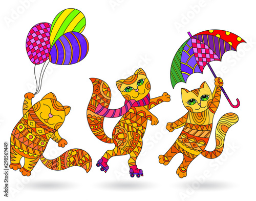 Set of stained glass elements with funny red cartoon cats, isolated images on white background