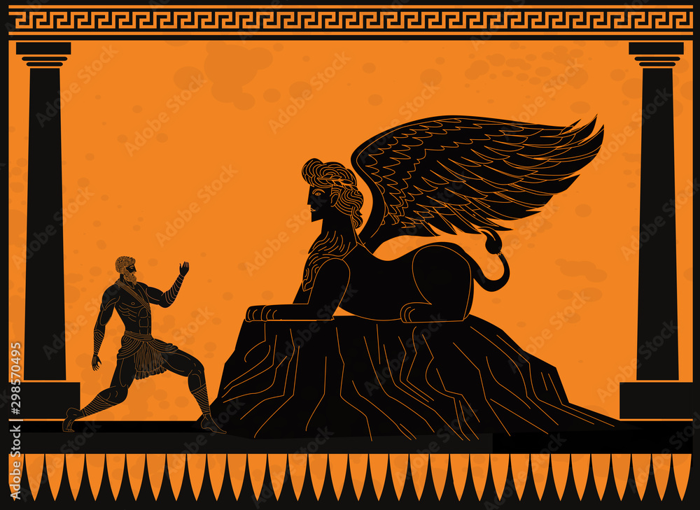 Naklejka oedipus asking the sphinx riddle greek mythology tale