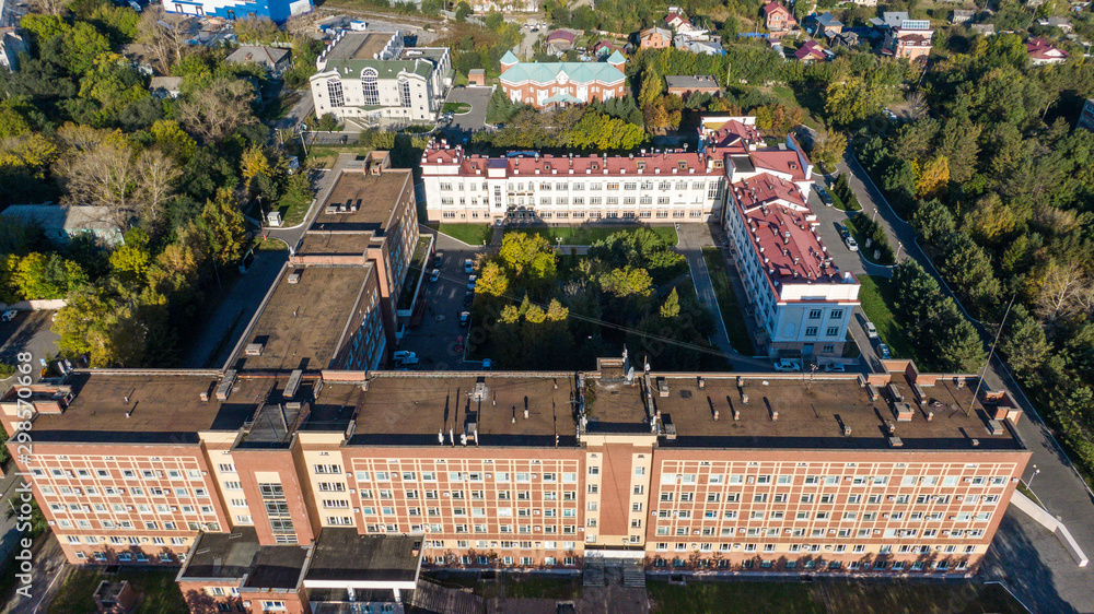 Road clinical hospital in Khabarovsk top view. The Church of the Holy Martyr Grand Duchess Elizabeth in Khabarovsk in the summer on the territory of the railway hospital