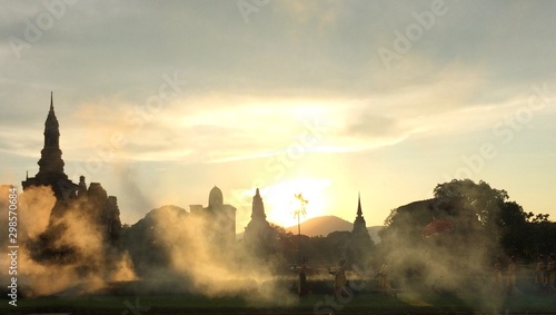 Sunset Last light of the day in sukhothai historical park. © thattep