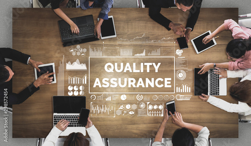 Quality Assurance and Quality Control Concept - Modern graphic interface showing certified standard process, product warranty and quality improvement technology for satisfaction of customer.