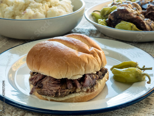Slika na platnu Pot Roast Sandwich with Pepperoncini and Potatoes