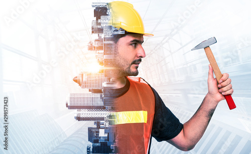 Future building construction engineering project concept with double exposure graphic design. Building engineer, architect people or construction worker working with modern civil equipment technology. photo