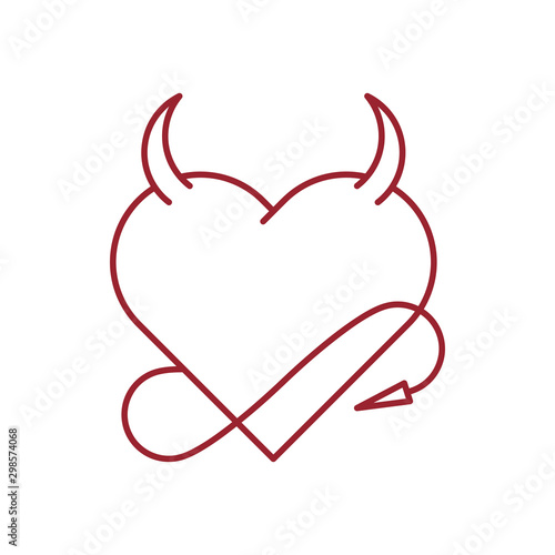 Devil's heart with horns and a tail. Outline thin line flat illustration. Isolated on white background. 
