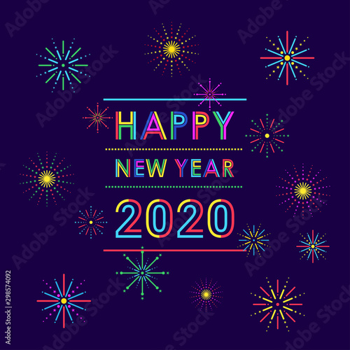 Happy new year 2020 with fireworks in flat icon design on blue color background