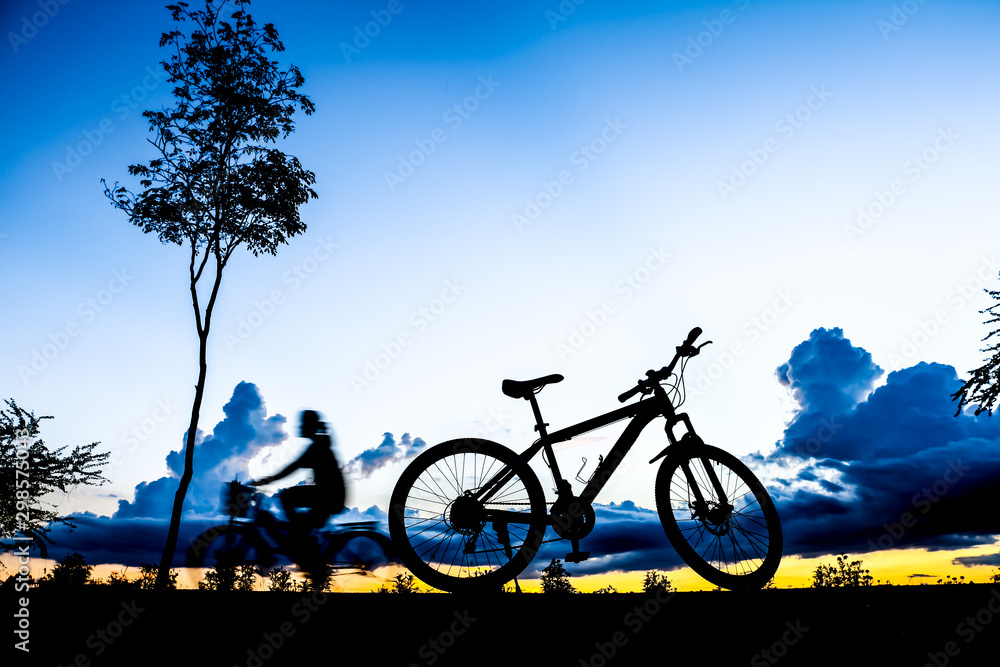 Naklejka premium Silhouette of woman is cycling through a parked bicycle in park near the lake at sunset time in summer.