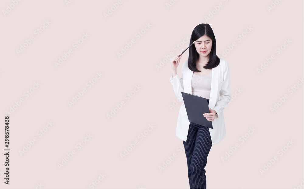 Asian business woman pencil with holding clip board Asian business woman pencil with holding clip board