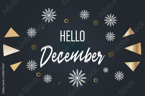 Hello December calligraphic design.  Calligraphy with white texture isolated on dark background. 