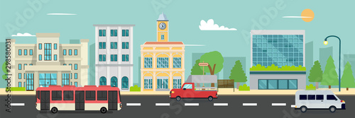 City street and company buildings , minibus and van on street vector illustration, a flat style design.Business buildings and public bus stop in urban.