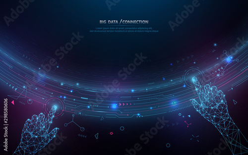 Abstract bigdata coding science background. Circle geometric particle. Hands touching big data stream and connection futuristic infographic