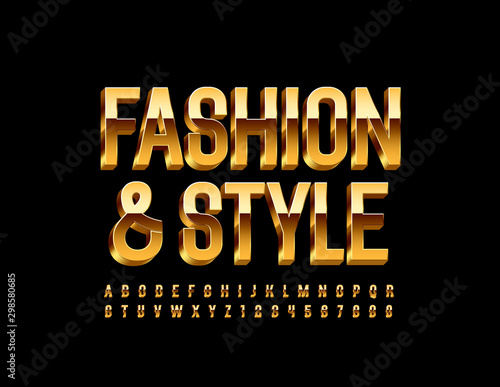 Vector chic Sign Fashion and Style. Golden 3D Font. Elegant Alphabet Letters and Numbers.