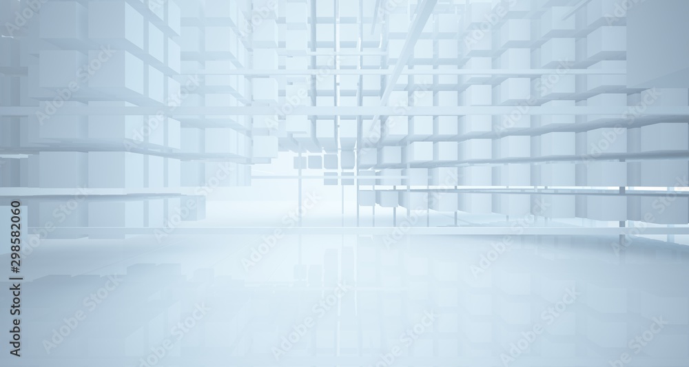 Fototapeta premium Abstract white architectural interior from an array of white cubes with large windows. 3D illustration and rendering.
