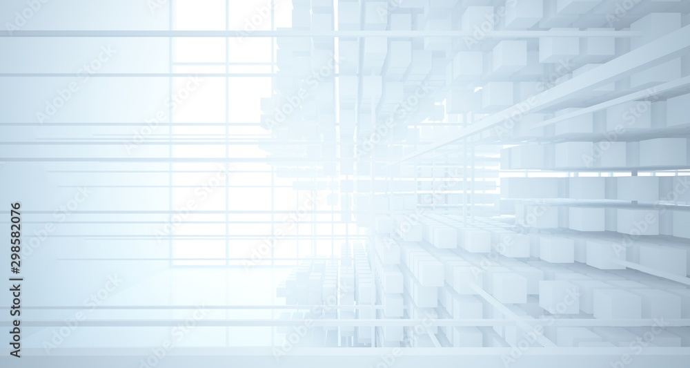 Abstract white architectural interior from an array of white cubes with large windows. 3D illustration and rendering. Abstract white architectural interior from an array of white cubes with large windows. 3D illustration and rendering.