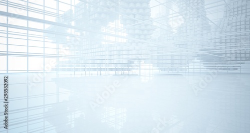 Abstract white architectural interior from an array of white cubes with large windows. 3D illustration and rendering.