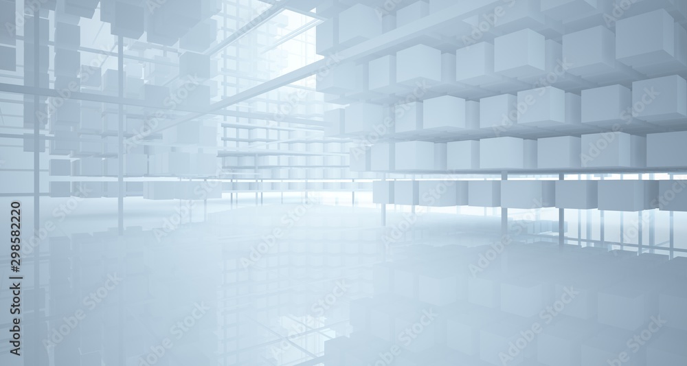 Fototapeta premium Abstract white architectural interior from an array of white cubes with large windows. 3D illustration and rendering.