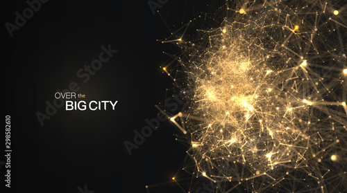 The Golden dots are connected by lines blur motion effect. Night view on big city from airplane abstract vector background. Big data web banner.