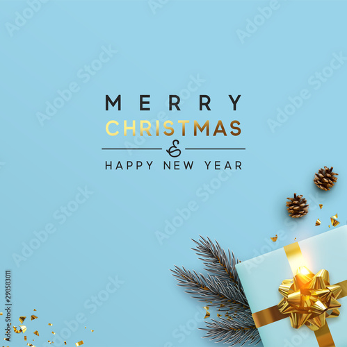 Merry Christmas and Happy New Year. Background Xmas design of brown pine cone, with realistic gifts box, pine branch and glitter gold confetti.