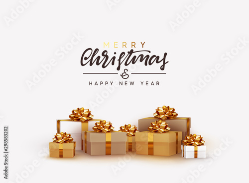 Merry Christmas and Happy New Year. Realistic brown and white gift boxes. Festive background Greeting card, banner, poster. Xmas present. Vector illustration