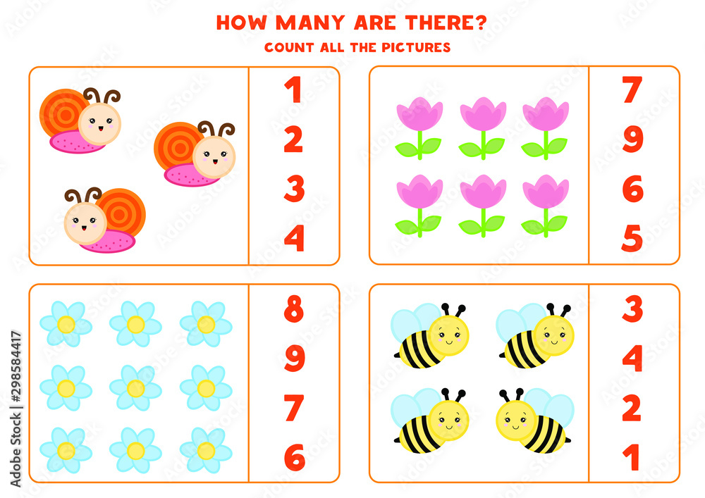 Educational worksheet for preschool kids. Count insects and flowers. Math game for children. 