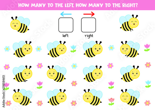Educational worksheet for preschool kids. Left and right. Count how many bees fly to the right and to the left. 