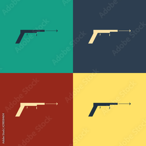 Color Fishing harpoon icon isolated on color background. Fishery manufacturers for catching fish under water. Diving underwater equipment. Vintage style drawing. Vector Illustration