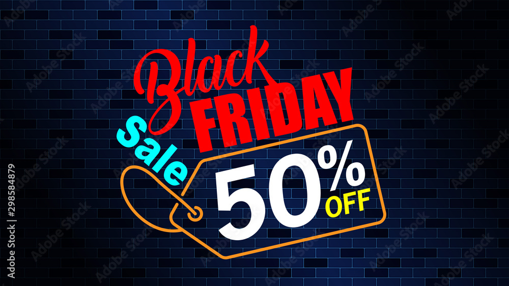 Black Friday 50 Percent Off Sale With Dark Blue Brick Tiles Wall Texture Background