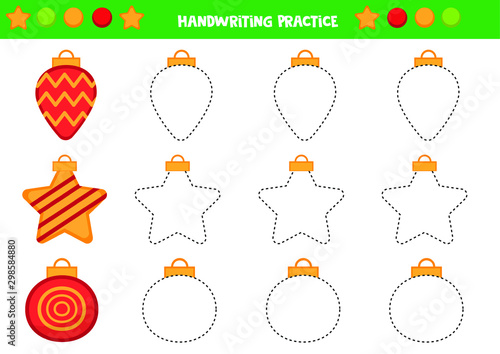 Educational worksheet for preschool kids. Trace the Christmas balls. Handwriting practice.