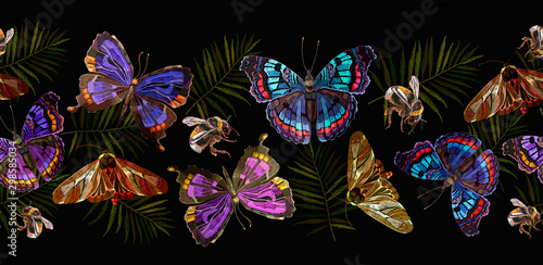 Embroidery butterflies and bumble bee horizontal seamless pattern. Summer and spring garden art. Template for clothes, textiles, t-shirt design
