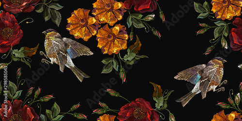 Embroidery roses, birds and calendula flowers horizontal seamless pattern. Vintage garden background. Fashion template for clothes, textiles, t-shirt design