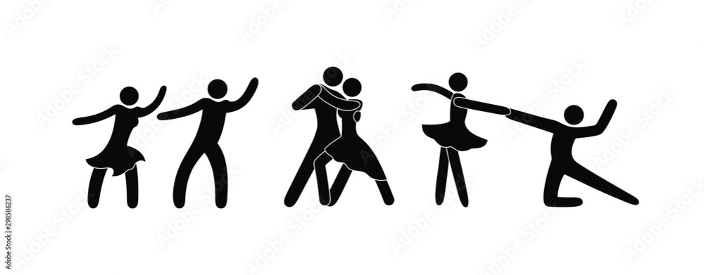stick figure pictograms dancers, icons of dancing people, isolated characters man, couple of people, dance icon