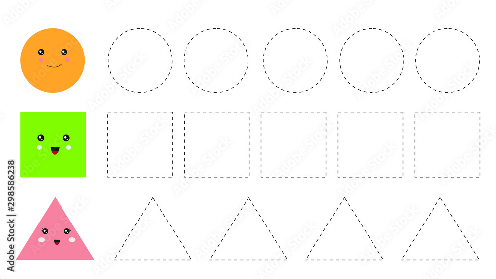 Educational worksheet for kids. Trace the shapes. Circle, square and