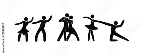 stick figure pictograms dancers, icons of dancing people, isolated characters man, couple of people, dance icon