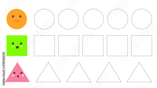 Educational worksheet for kids. Trace the shapes. Circle, square and triangle. 