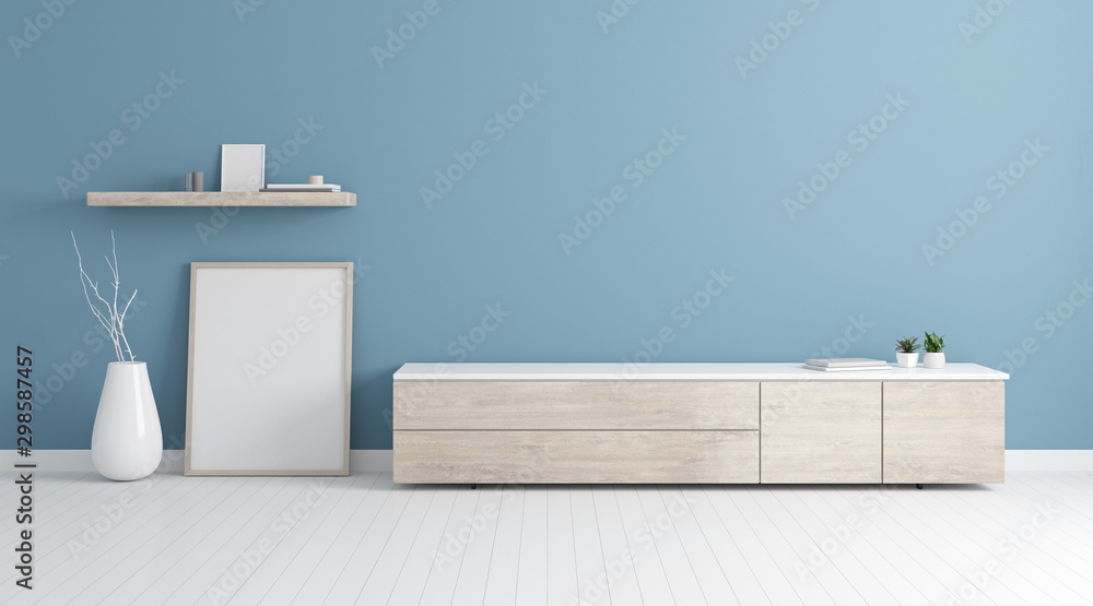 Mock-up of blank picture frame with wood shelf and minimal cabinet on blue wall. Perspective of modern interior design. 3d rendering. Mock-up of blank picture frame with wood shelf and minimal cabinet on blue wall. Perspective of modern interior design. 3d rendering.