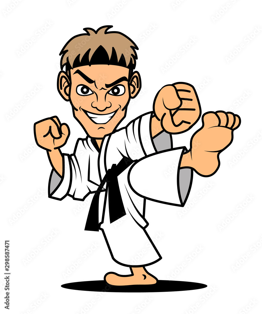 Cartoon Master of Karate kicking pose. Vector mascot illustration. Cartoon Master of Karate kicking pose. Vector mascot illustration.