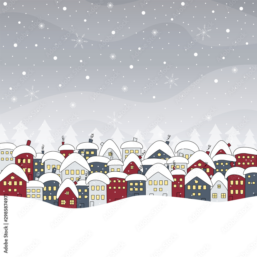 Winter cityscape. Christmas background with houses and snowfall. Hand drawn vector illustration.