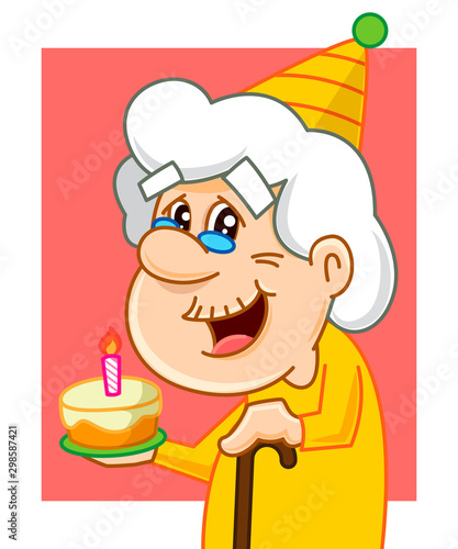 Character Cartoon Granny Old Lady celebrates her birthday. Birthday party. Vector illustration