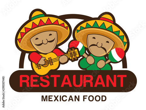 Two funny red and green Mexicans playing guitar and maracas, restaurant sign board