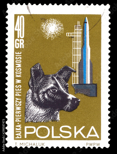 A stamp printed in Poland shows first Living being in space - dog Laika from Soviet Union (USSR),