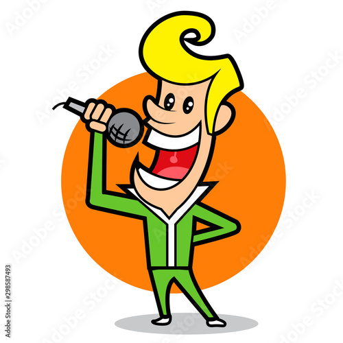 Cartoon male superstar singer singing and holding a microphone with stand. Singer performing happily. Vector character mascot.