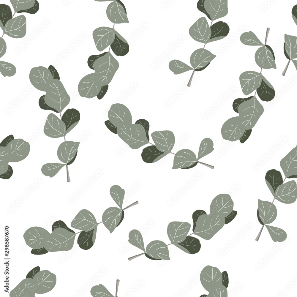 Eucalyptus branch in a seamless pattern on a white background. Aromatherapy, herbs curative. Eucalyptus branch in a seamless pattern on a white background. Aromatherapy, herbs curative.