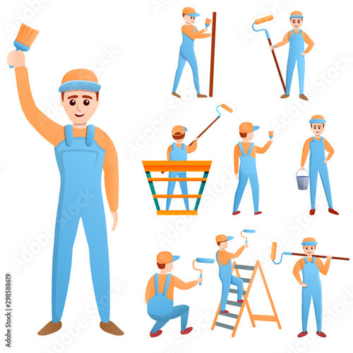 Painter icons set. Cartoon set of painter vector icons for web design