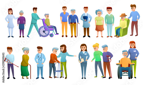 Caregiver icons set. Cartoon set of caregiver vector icons for web design
