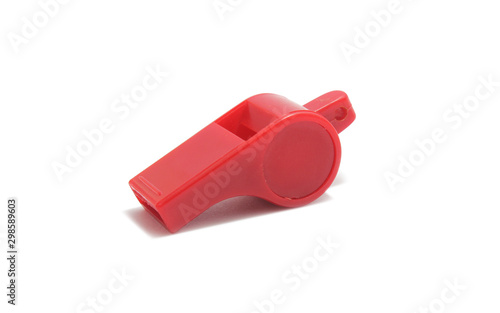 Red of sport whistle isolated on white background.