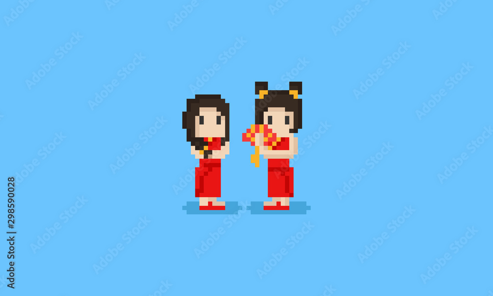 Pixel Chinese girl characters.Chinese new year.8bit. Pixel Chinese girl characters.Chinese new year.8bit.