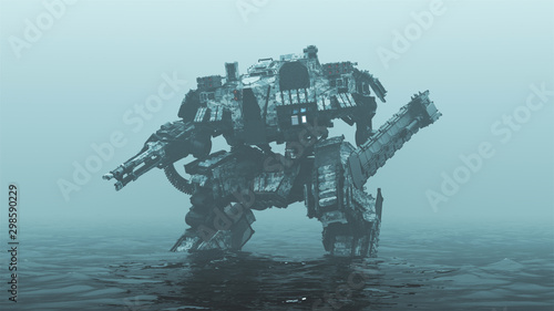 Futuristic AI Battle Droid Cyborg Mech with Glowing Lens Standing in Water in a Foggy Overcast Environment 3d illustration 3d render 