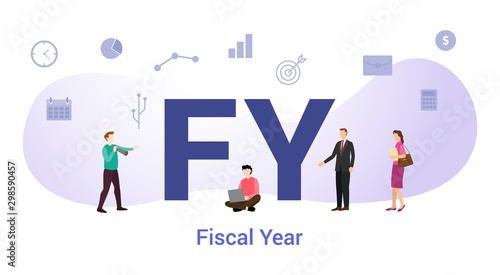 fy fiscal year concept with big word or text and team people with modern flat style - vector