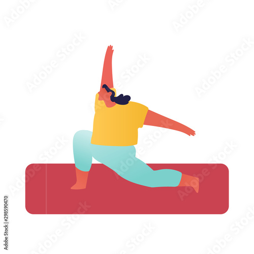 Yoga Asana. Young Sporty Woman Fat Figure Wearing Sports Wear Training. Female Character Doing Lunge with Hands Rising Up Side View, Sport and Active Healthy Life. Cartoon Flat Vector Illustration