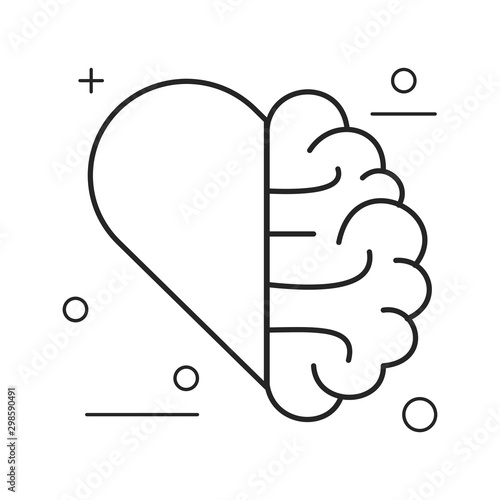 Heart and Brain concept, conflict between emotions and rational thinking, teamwork and balance between soul and intelligence. Outline  thin line illustration. Isolated on white background. Flat style